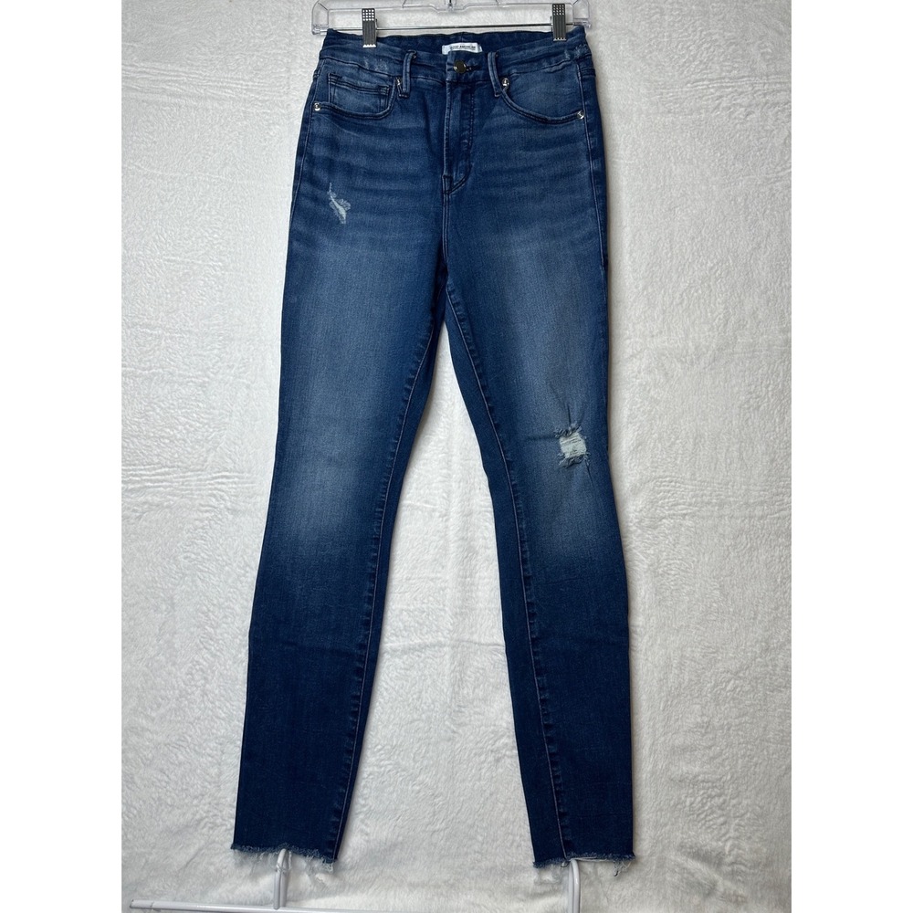 Good American Good Waist Skinny Jeans Blue Distressed Raw Hem Size 6/28
